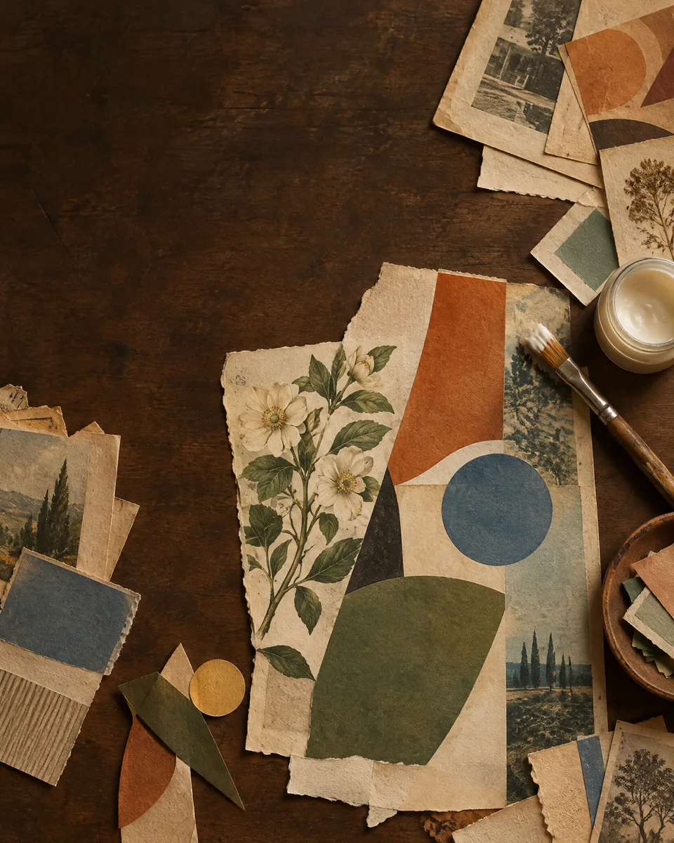 Vintage paper collage materials arranged on a wood table