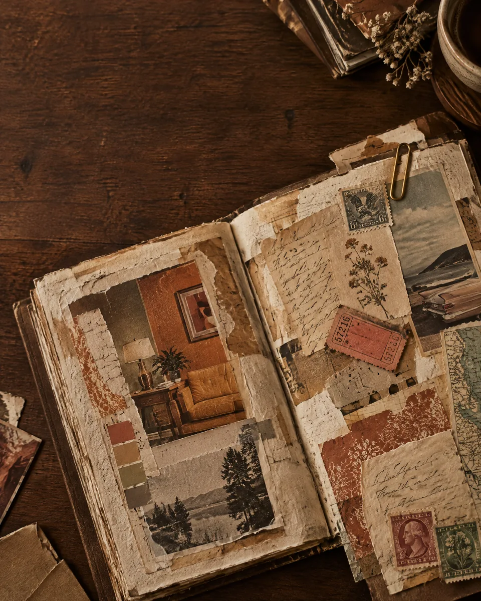 Vintage paper journal with ephemera and collage materials